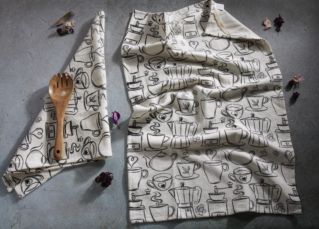 Premium Cotton Printed Towels - Coffee Print Set of 2 Kitchen Towels - 100 % Cotton - Ivory / Black